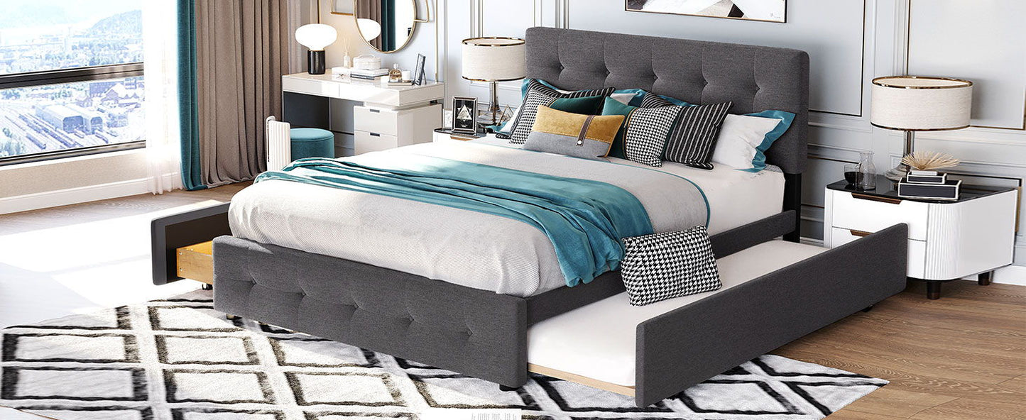 Queen Size Upholstered Platform Bed With 2 Drawers And 1 Twin Long Trundle - Dark Gray