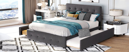 Queen Size Upholstered Platform Bed With 2 Drawers And 1 Twin Long Trundle - Dark Gray
