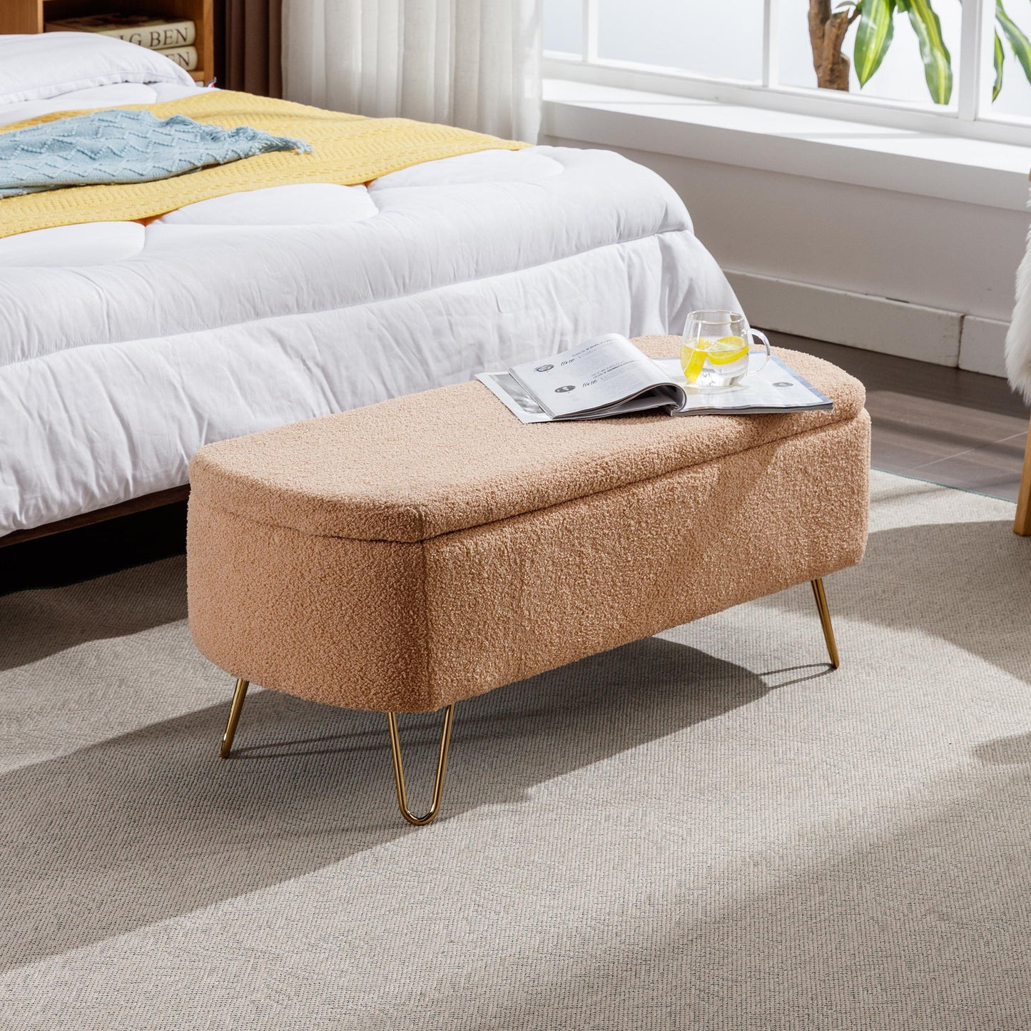Storage Ottoman Bench For End Of Bed Gold Legs, Modern Camel Faux Fur Entryway Bench Upholstered Padded With Storage For Living Room Bedroom - Camel