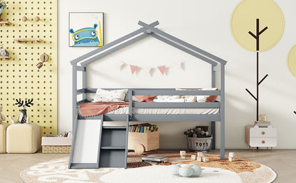 Twin Low Loft House Bed With Slide, Ladder, Safety Guardrails, House Roof Frame - Gray