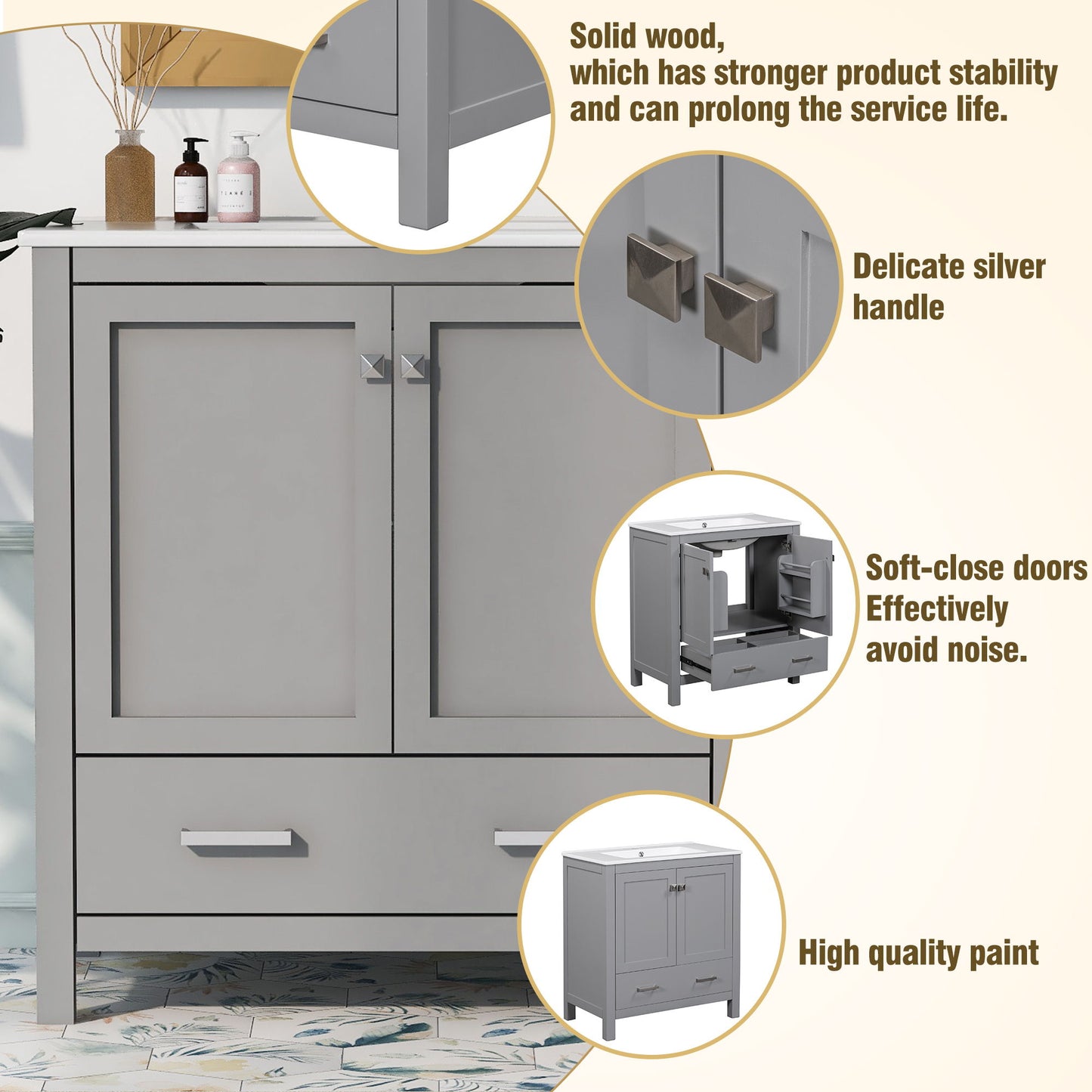 Bathroom Vanity With Single Sink, Combo Cabinet Undermount Sink, Bathroom Storage Cabinet With Two Doors And A Drawer, Soft Closing, Multifunctional Storage, Solid Wood Frame - Gray