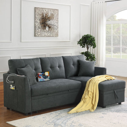 Sectional Sofa Bed L Shaped Sofa Couch Bed With USB Port, Reversible Sofa Couch Sleeper With Pull Out Bed, Chaise With Storage, Pull Out Couch For Living Room - Gray