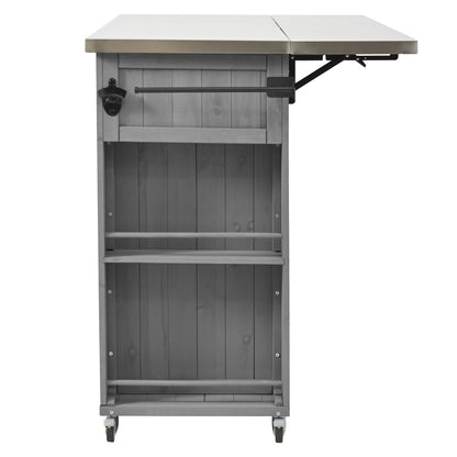 Outdoor Kitchen Island Fir Wood Kitchen Island With Stainless Steel Top, Ample Storage Space, Towel And Spice Racks And A Bottle Opener For Outdoor - Gray