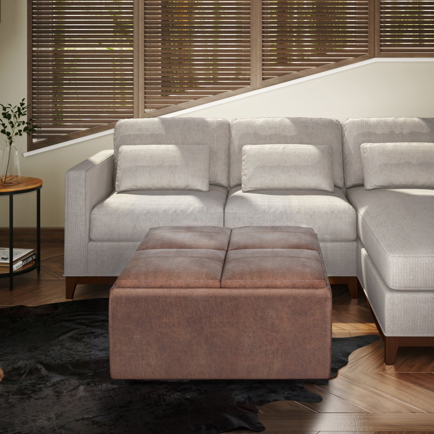 Avalon - Square Coffee Table Storage Ottoman - Distressed Umber Brown