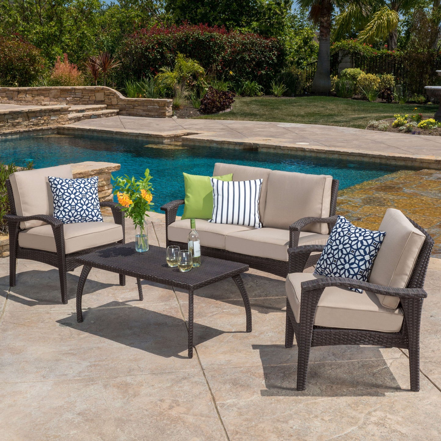 Honolulu - 4 Pieces Wicker Set Outdoor Seating - Brown / Tan With