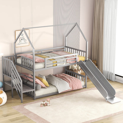 Twin Over Twin Metal Bunk Bed House Bed With Slide And Staircase - Silver