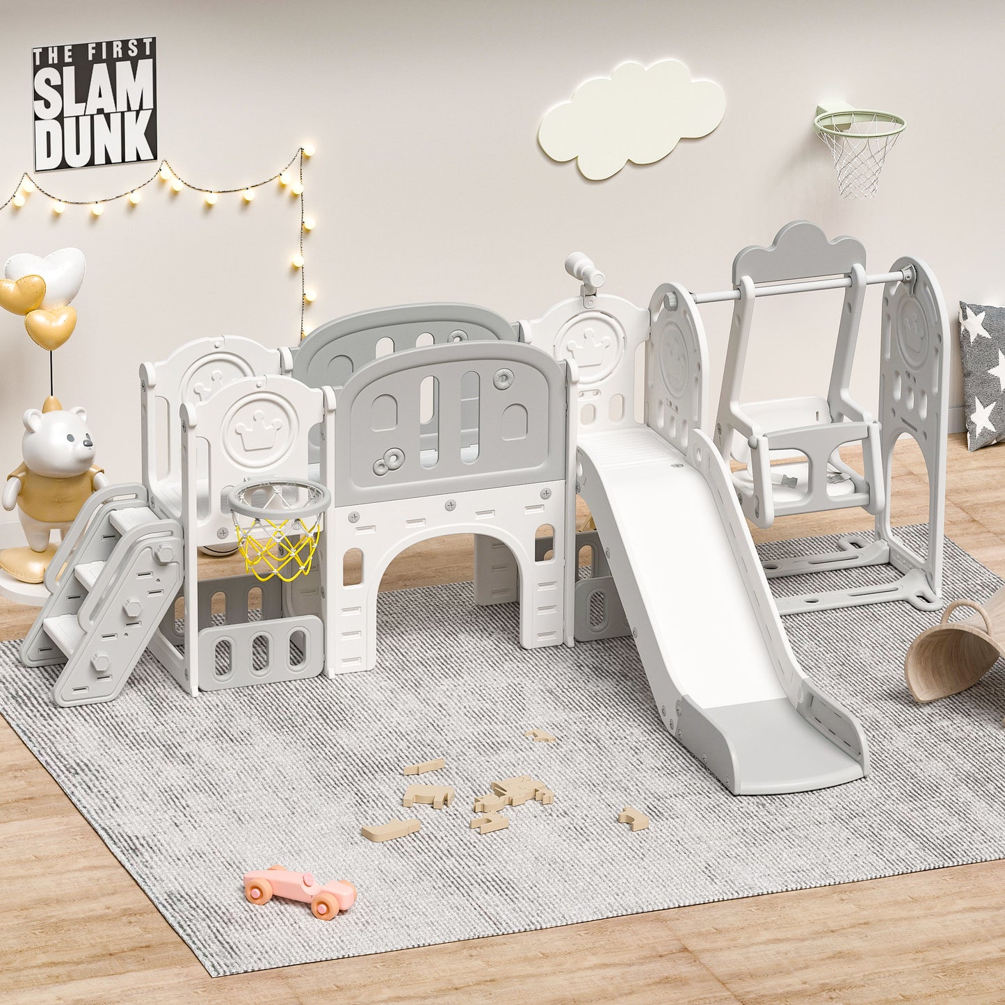 Versatile Toddler Slide With 11 - 1 Activity Center - Gray / Ivory