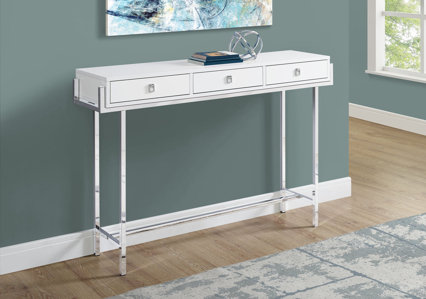 Accent Console Table For Entryway, Storage Drawer, Glossy Contemporary & Modern - White