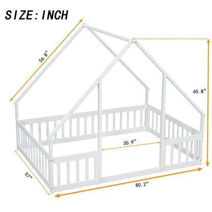 Full Wood House-Shaped Floor Bed With Fence, Guardrails - White