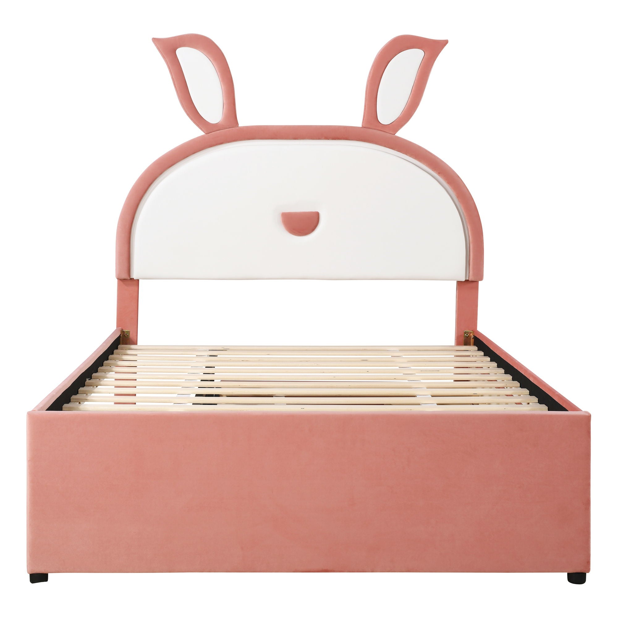 Full Size Upholstered Platform Bed With Trundle And 3 Drawers, Rabbit-Shaped Headboard With Embedded LED Lights - Pink