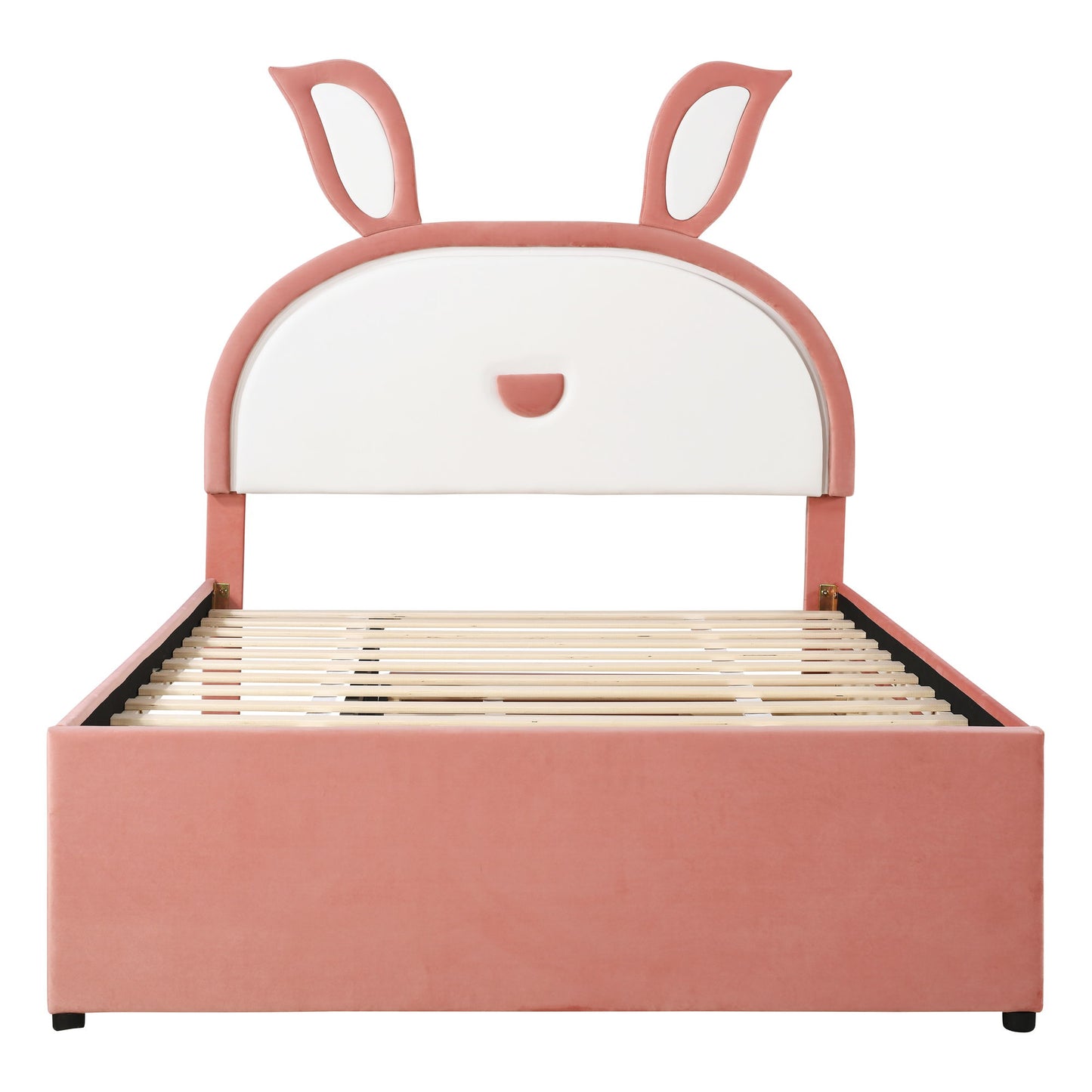 Full Size Upholstered Platform Bed With Trundle And 3 Drawers, Rabbit-Shaped Headboard With Embedded LED Lights - Pink