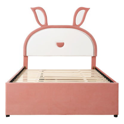 Full Size Upholstered Platform Bed With Trundle And 3 Drawers, Rabbit-Shaped Headboard With Embedded LED Lights - Pink
