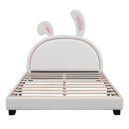 Full Size Upholstered Leather Platform Bed With Rabbit Ornament - White