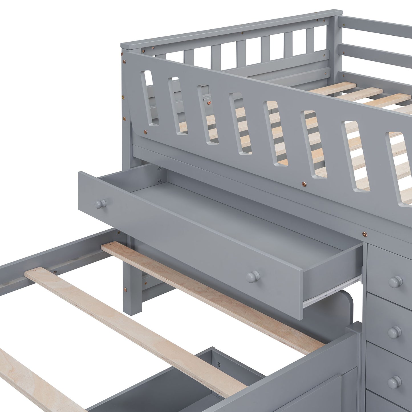 Twin Loft And Platform Bed With 7 Drawers And Full Guardrails, Modern L Shaped Space Saving - Gray
