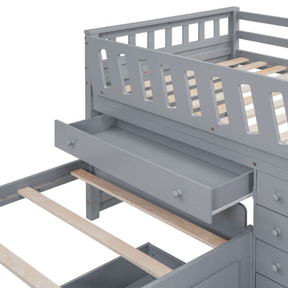 Twin Loft And Platform Bed With 7 Drawers And Full Guardrails, Modern L Shaped Space Saving - Gray