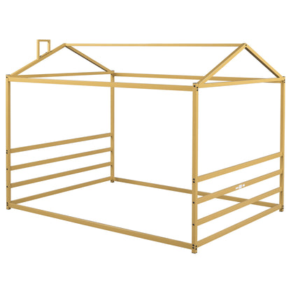 Queen Metal House Shape Platform Bed - Gold