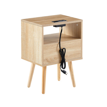 15.75" Rattan End Table With Power Outlet & USB Ports, Modern Nightstand With Drawer And Solid Wood Legs, Side Table For Living Room, Bedroom - Natural