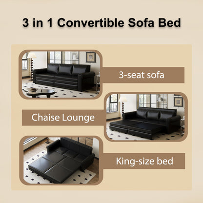 Pull Out Sofa Bed, 3 In 1 Faux Leather Convertible Sleeper Sofa With Nailhead Trim & Rolled Arm Multifunctional Sofa Bed For Living Room - Black