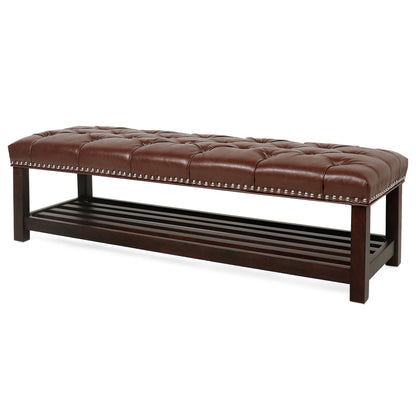 Bedroom End Of Bed Bench Tufted Upholstered End Of Bed Bench End Of Bed Entrance Shoe Bench, 60" With Nailhead Trim And Shelf Bedroom Upholstered Leather Bench Living Room Shoe Rack Footstool - Dark Brown