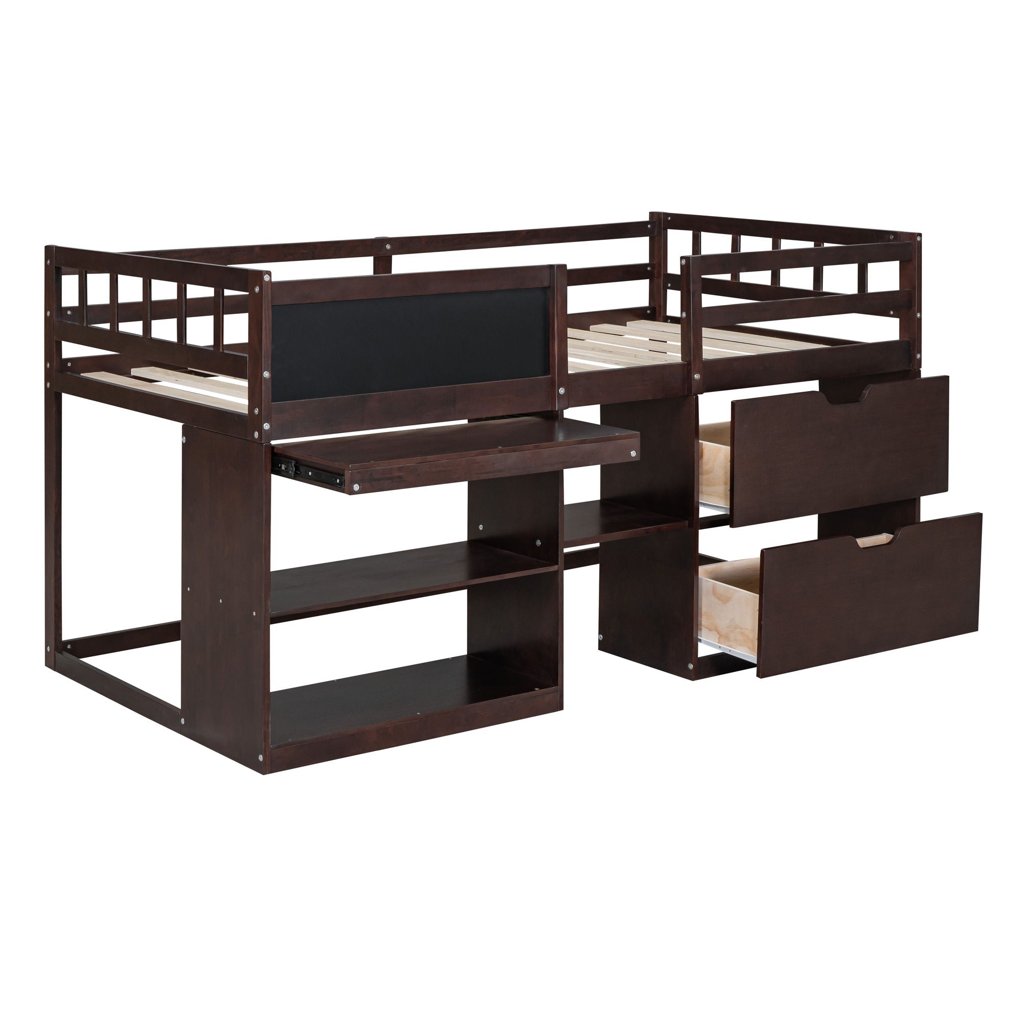 Twin Size Low Loft Bed With Rolling Desk, Shelf And Drawers - Espresso