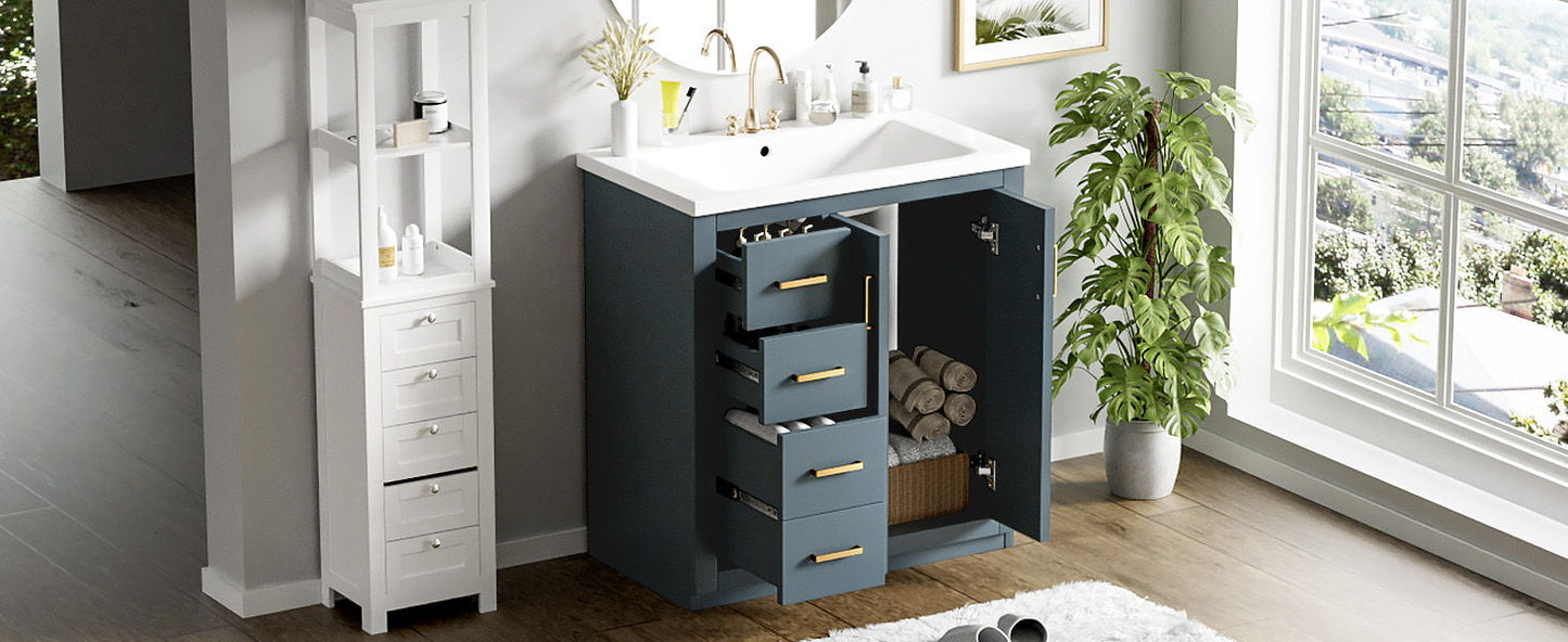 Bathroom Vanity With Ceramic Sink Combo, Frame Bathroom Storage Cabinet, Freestanding Vanity Set With 3 Drawers & Soft Closing Doors - Blue