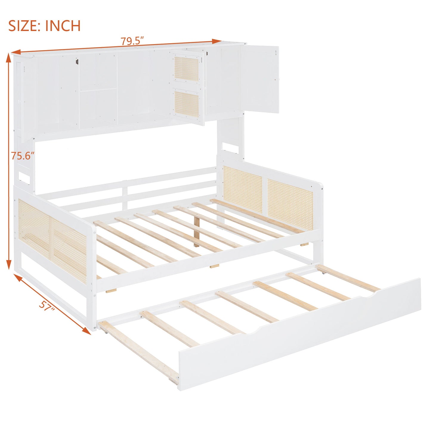 Full Size Wooden Daybed & Twin Size Trundle, And All In One Cabinet And Shelf - White