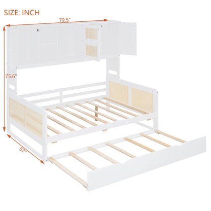 Full Size Wooden Daybed & Twin Size Trundle, And All In One Cabinet And Shelf - White