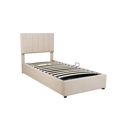 Twin Size Upholstered Platform Bed With A Hydraulic Storage System - Beige