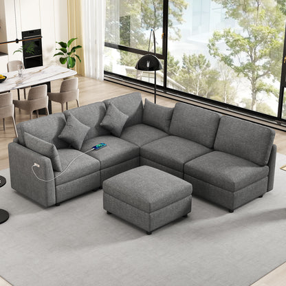Sectional Sofa Modular Sofa U - Shaped Sofa Couch Sofa Bed L - Shaped Sofa With A Movable Ottoman And Two USB Ports For Living Room - Gray