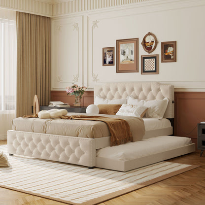 Queen Size Upholstered Platform Bed With Twin Size Trundle And 2 Sets Of USB Ports On Each Side - Beige