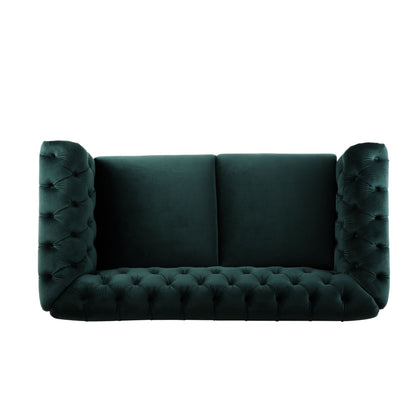 Chesterfield Velvet Loveseat Sofa 2 Person Rolled Arm Upholstered Couch - Forest Green