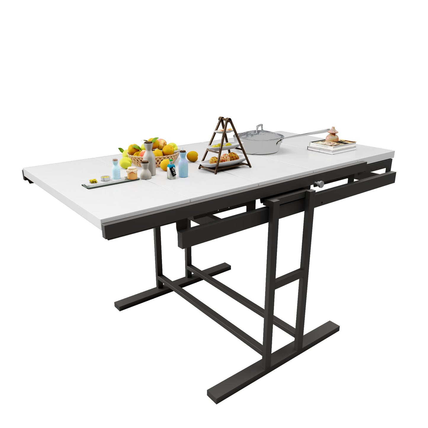 Solid Mahogany Wood Multifunction Convertible Dining Table, Free Switch Space Saving Table Shelf For Home And Studio - White
