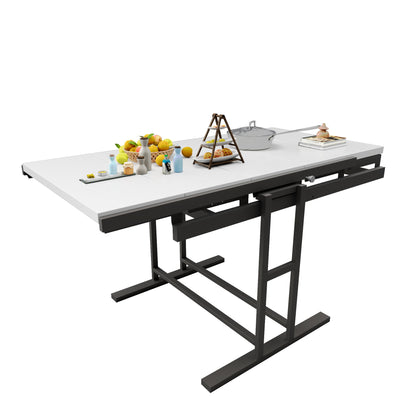 Solid Mahogany Wood Multifunction Convertible Dining Table, Free Switch Space Saving Table Shelf For Home And Studio - White
