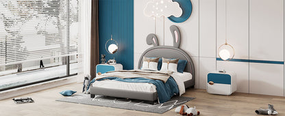 Full Size Upholstered Leather Platform Bed With Rabbit Ornament - Gray