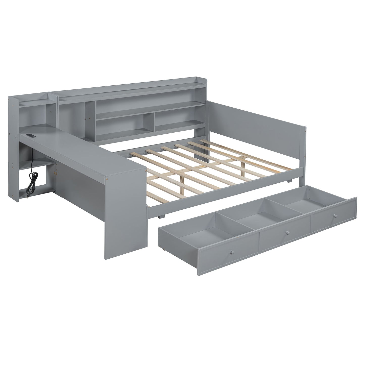 Full Size Daybed With 3 Drawers USB Ports And Desk - Gray