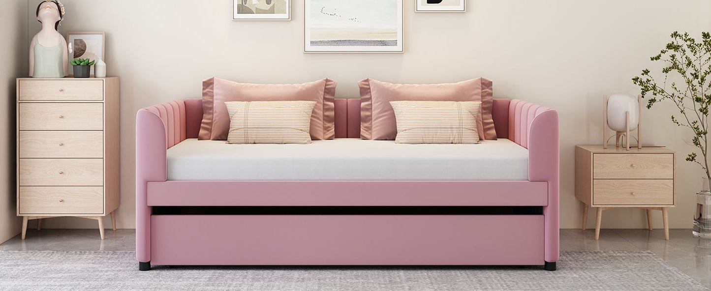 Twin Size Upholstered Daybed With Ergonomic Design Backrest And Trundle - Pink