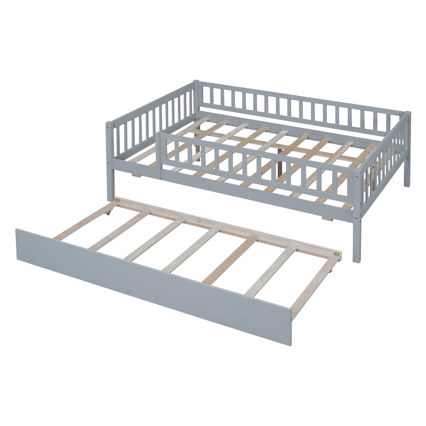 Full Size Daybed With Trundle And Fence Guardrails - Gray