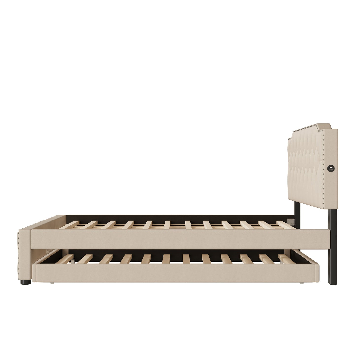 Queen Size Upholstered Platform Bed With Twin Size Trundle And 2 Sets Of USB Ports On Each Side - Beige