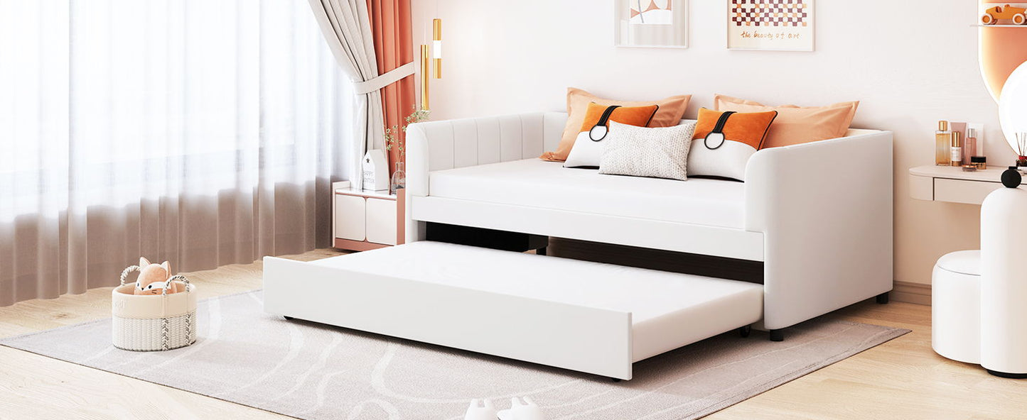 Twin Size Upholstered Daybed With Ergonomic Design Backrest And Trundle - Beige