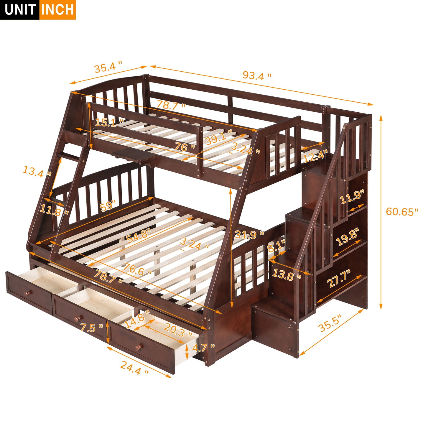 Twin Over Full Bunk Bed With Drawers, Ladder And Storage Staircase - Espresso