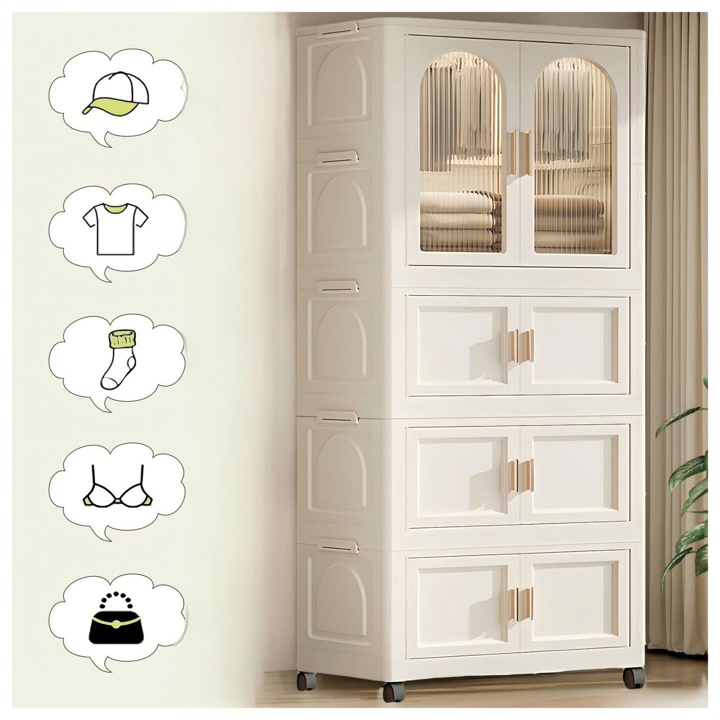 Folding Wardrobe Cabinet Wide White Plastic With Magnetic Doors, Wheels, And 10 Hangers - Cream White