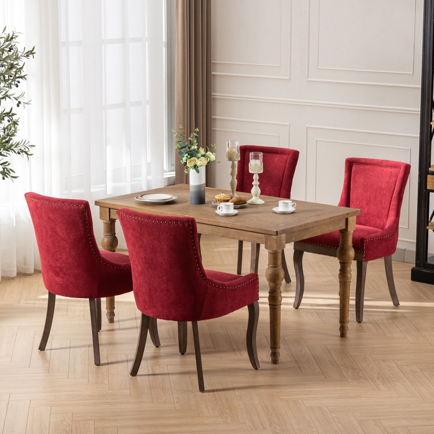 Ultra Side Dining Chair, Thickened Fabric Chairs With Neutrally Toned Solid Wood Legs, Bronze Nail Head (Set of 2) - Wine Red / Burgundy