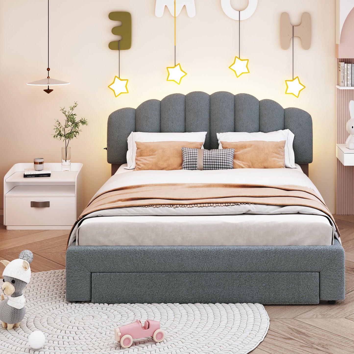 Queen Size Upholstered Platform Bed With Drawer - Gray