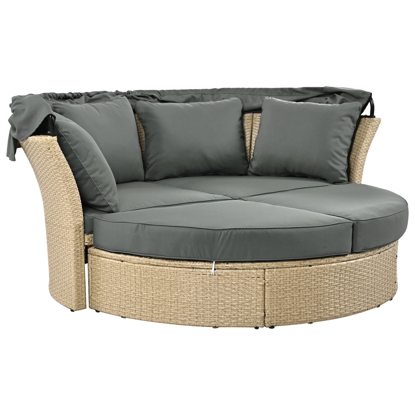 Outdoor Patio Daybed Wicker Rattan Double Daybed Round Sofa Furniture Set With Retractable Canopy, 4 Pillows For Lawn Garden Backyard Porch Pool - Gray
