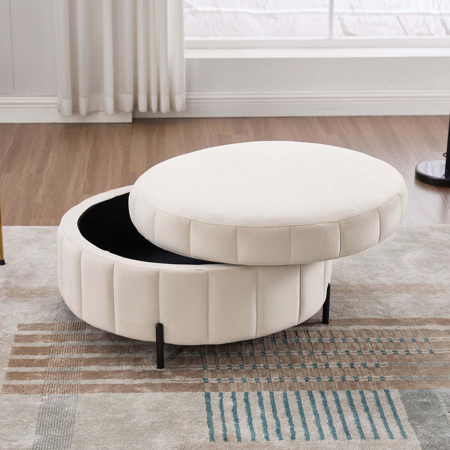 Upholstered Round Ottoman With Reversible Lid, Storage Stool, Channel Tufted Pumpkin Shape Footstool For Living Room, Bedroom And Office - Beige