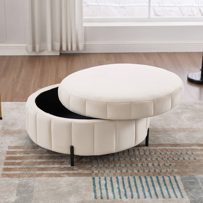 Upholstered Round Ottoman With Reversible Lid, Storage Stool, Channel Tufted Pumpkin Shape Footstool For Living Room, Bedroom And Office - Beige
