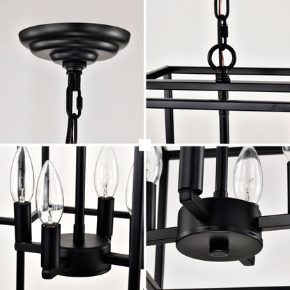 4 Light Metal Lantern Tiered Pendant Hanging Light Fixtures, Industrial Farmhouse Adjustable Height Chandeliers For Dining Room Hallway Foyer Entryway (E12 Bulbs Not Included) - Matte Black