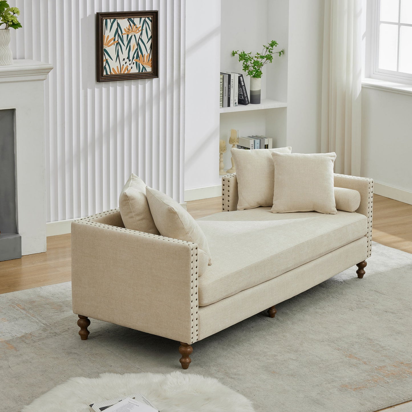 Chenille Upholstered Chaise Lounge With Nailheads, Sleeper Sofa Couch With 4 Throw Pillows & 2 Bolsters, Daybed With Rubberwood Legs - Beige