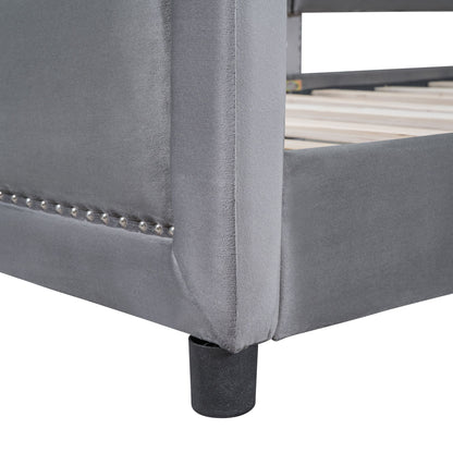 Twin Size Upholstered Daybed With Classic Stripe Shaped Headboard - Gray