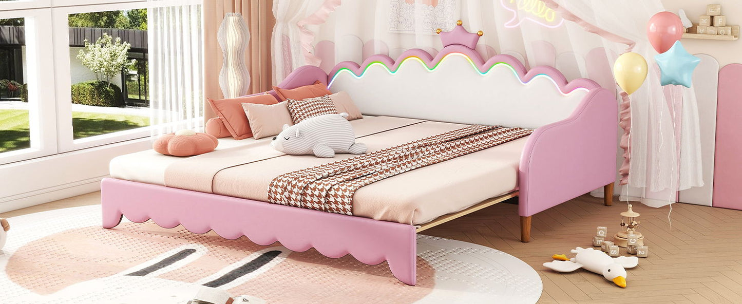 Twin Extending Daybed With LED Lights, Modern Upholstered Princess Daybed With Crown Headboard - Pink
